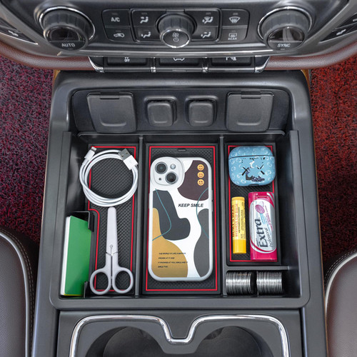 PIMCAR Center Console Organizer for Chevy Silverado & GMC Sierra Red Trim