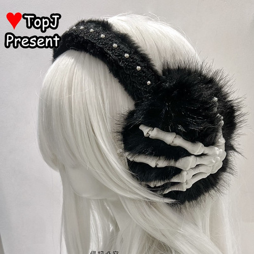 Handmade Earmuffs Winter Bone-Themed Dark Gothic Lolita Punk Ear Warmer Lolita Cosplay Ear Covers Y2K Girl Headwear Earmuff
