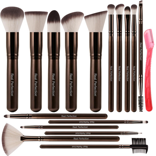 Real Perfection Makeup Brush Set 16 Pcs with 1 Eyebrow Razor Premium Synthetic Foundation Powder Concealers Eyeshadow Blush Makeup Brushes Make up Brushes Kit (Coffee)