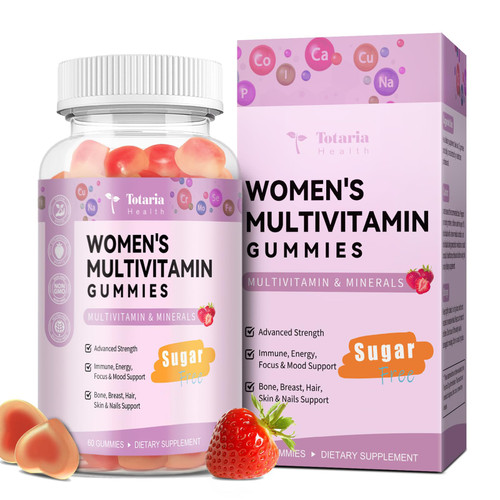 Totaria Sugar Free Multivitamin Gummies for Women 14+ w/Iron, Inositol, Folate, Biotin, Womens Daily Multivitamin Gummy w/Vitamin A, C, B, D3, K2, for Hair, Skin, Energy, Immune, Strawberry Flavor