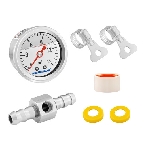 MEASUREMAN 0-15 Psi Glycerin Filled Fuel Pressure Gauge, 1.5” Dial, 304 Stainless Steel Case, 1/8” NPT Center Back Mount, with 3/8” Fuel Line Adapter, Copper Tube & Fittings, Red Aluminum Pointer