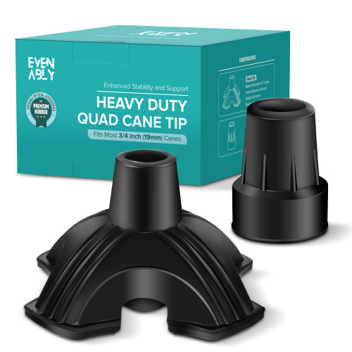 EVENABLY Heavy Duty Quad Cane Tip with Metal Insert - Durable Self-Standing Base Replacement for Most Walking Canes and Sticks - Universal Compatibility (1 Quad Tip + 1 Single Tip), Black