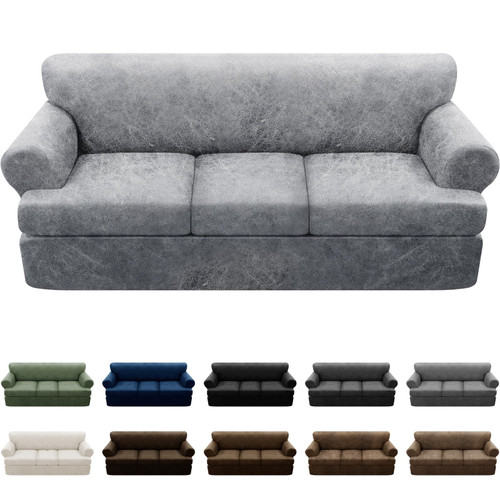 Pfrstuv 4-Piece T Cushion Sofa Slipcover - Leather Look Couch Cover for 3-Cushion Furniture - Stretch Protector With Individual Seat Covers - Washable, Light Grey