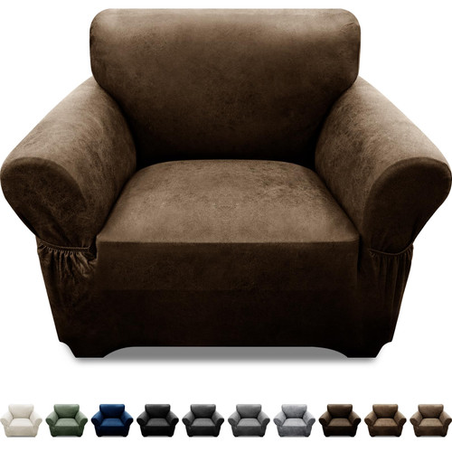 Pfrstuv Single Sofa Cover Leather Look Chair Covers for Living Room 1-Piece Sofa Chair Covers with Arms Stretch Furniture Protector with Elastic Bottom & Pockets(Armchair, Dark Brown)