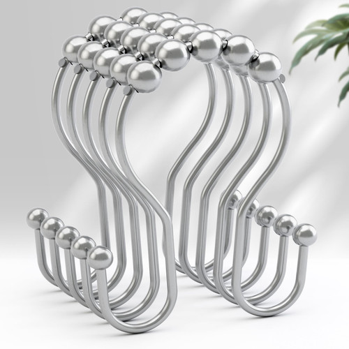 AmazerBath Shower Curtain Hooks, Shower Curtain Rings, Metal Chrome Shower Curtain Hooks Rust Proof, Smooth Glide Double Shower Hooks for Shower Curtain, Shower Rod Hooks 12Pcs