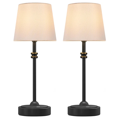 ONEWISH Cordless Table Lamps Set of 2 - Battery Powered Lamp, 4000mAh Rechargeable, Stepless Dimmable, Wireless Lamp with Fabric Shade, Warm Ambient Light for Bedside, Dining, Patio, Bathroom(Black)