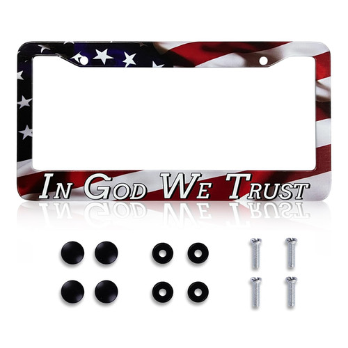 in God We Trust Christian License Plate Frame - American Flag Design License Plate Holder, Rust-Proof Auto Parts License Plate Cover Decoration for Standard US 6 x 12 Inch
