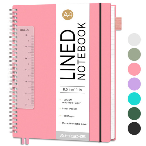 AHGXG Lined Spiral Notebook 8.5" x 11", A4 Large Notebook Journal for Women Men, 110 Numbered Pages College Ruled Notebook, 100 GSM Paper, Waterproof Plastic Cover, for School Work Note Taking, Pink