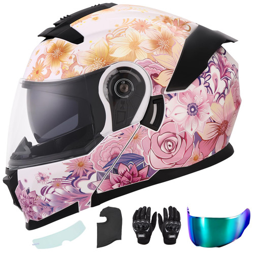 OUMURS Pink Modular Motorcycle Helmets Full Face Flip up Street Bike Motorcycle Helmet for Unisex Adult Flower Sea - L