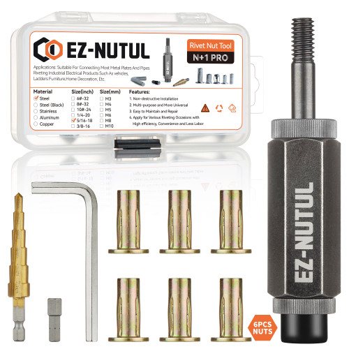 Multi-Grip Rivet Nut Installation Tool Set Pre-Bulbed Shank Flat Head Threaded Insert Nut Plus Nuts Assortment Kit Cross Rivnut for Construction Industrial 5/16-18(Plus Nut Tool-6pcs)