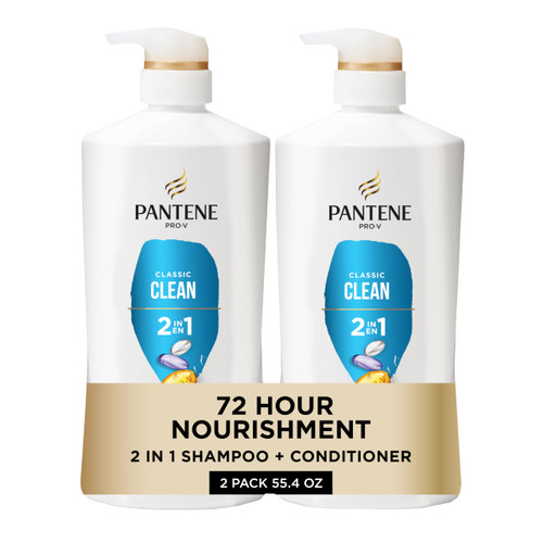 Pantene 2-in-1 Shampoo & Conditioner, Classic Clean - Pro-V Nutrients for Dry, Color-Treated Hair, Healthy Looking Hair Every Wash, Antioxidant-Rich, 27.7 Oz Each, 2-Pack + Rescue Shot (0.5 Oz)