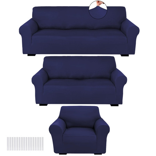 Peryiter 3 Pcs Couch and Loveseat Sofa Covers,Navy Blue,Milk Silk