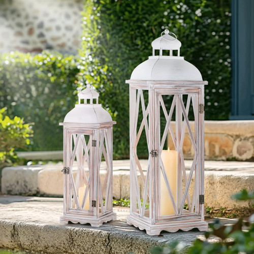 Staymoment Large Lanterns Outdoor for Porch: Extra Large Wood Floor Lantern Decorative Indoor Set of 2 Farmhouse Candle Holder for Patio Garden Yard Fireplace Mantle