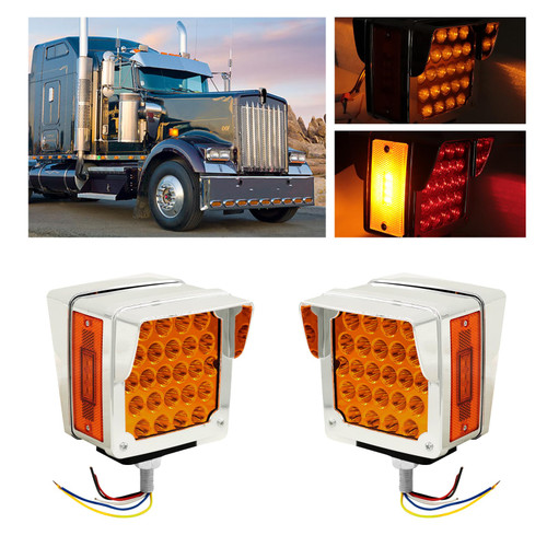 czyopo Double Face Pedestal Fender Light 52 LED Stop Turn Tail Signal Truck Trailer Lights Replacement for Peterbilt Kenworth Freightliner Trucks(2 PCS) (Front Amber+Back Amber - 2PCS)