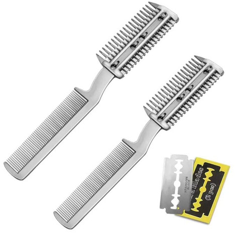 2Pcs Razor Comb for Dogs Cats with Extra Blades Double Sides Pet Razor Comb Trimming & Grooming Hair Cutter Comb Trimmer Grooming Comb for Dog Cat (Silver)