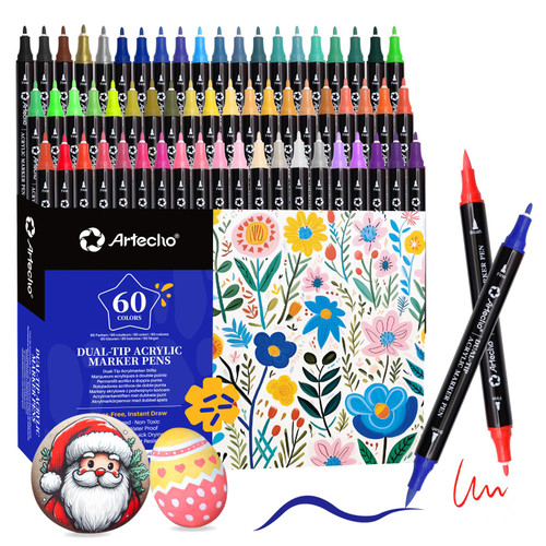 Artecho Acrylic Paint Markers 60 Colors with Brush Tip and Fine Tip