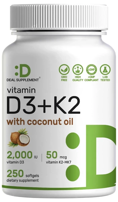 Deal Supplement Vitamin D3 2,000IU + K2 MK7 50mcg Per Serving, 250 Softgels