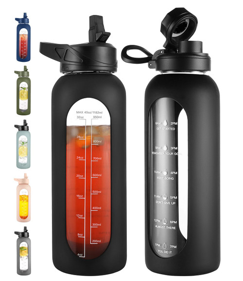 CIVAGO 40 oz Glass Water Bottle with Straw, Large Motivational Water Jug