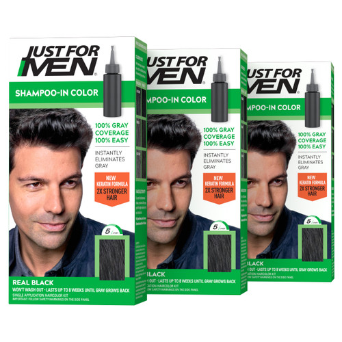 JUST FOR MEN Shampoo-In Color, Hair Color, Real Black H-55 (3 Pack)