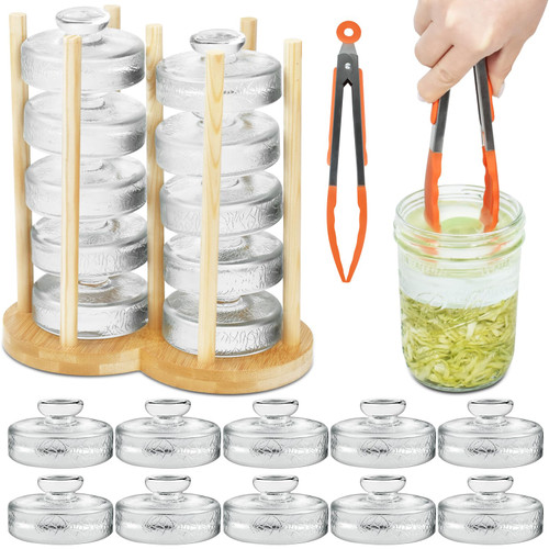 Artcome 10-Pack Glass Fermentation Weights with Easy Grip Handle and Unique Texture Design for Large Wide Mouth Mason Jars - Pickle Pebbles with Glass Weights Organizer - Space Saving Compact Design