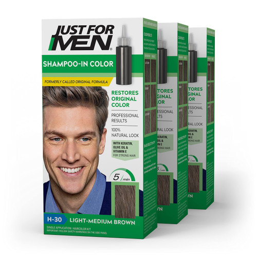 JUST FOR MEN Shampoo-In Color, Hair Color, Light-Medium Brown H-30 (3 Pack)