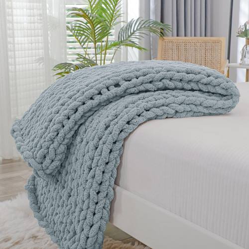 Bigacogo Chunky Knit Throw Blanket for Couch, 40x40 inches, Dusty Blue