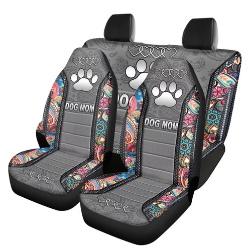 Howilath Dog Mom Paw Boho Floral Print 4 Pcs Car Seat Covers Full Set, Front Seat Covers and Backrest Bench Protector, Universal for Most Cars Trucks Suvs