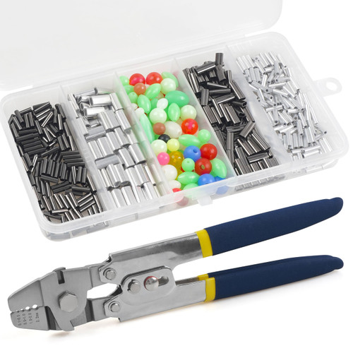Fishing Crimping Tool Kit,Fishing Crimping Pliers Wire Rope Crimping Tool with 500pcs 4 Sizes Aluminum Copper Barrel Crimp Sleeves Beads Set Pliers Crimp Tackle (Blue)