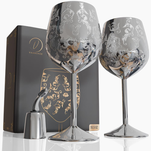 vaanshie Mother’s Day Gift for Mom – Set of 2 Silver Stainless Steel Wine Glasses, 17oz Engraved Goblets with Bottle Stopper, Unbreakable Elegant Wine Cups, Gift for Women, Wife, Mom, Sister