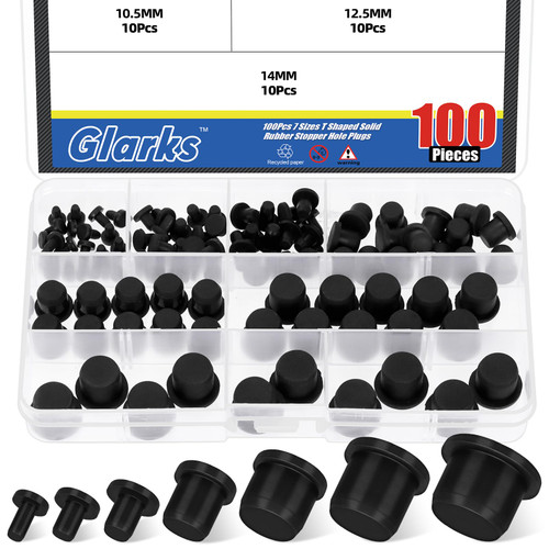 Glarks 100pcs 7 Sizes Solid Silicone Hole Plug Set, Black High Temp Silicone Plug, T Shaped Stopper Hole Plug, Round Hole Flexible Stopper for Wire Cable, Hole Plugs, Automotive, Water Pipe