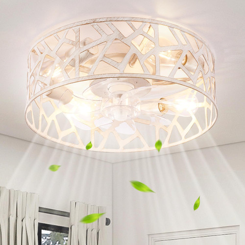 Wheatronic Flush Mount Fandelier Ceiling Fan with Lights and Remote, 18 inch Caged Ceiling Fan with Light Vintage White, Farmhouse Ceiling Fans for Bedroom, Kitchen, Living Room