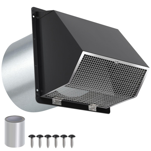 10 Inch Hooded Wall Vent with Screen and Damper,Outdoor Wall Exhaust Vent Cover Cap for Kitchen Range Hood HVAC Duct Dryer Ventilation&Outside Exterior Mount,Galvanized Steel,Black