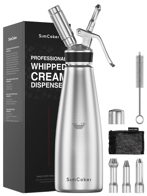 SimCoker Professional Stainless Steel Whipped Cream Dispenser, 1L / 1 Quart