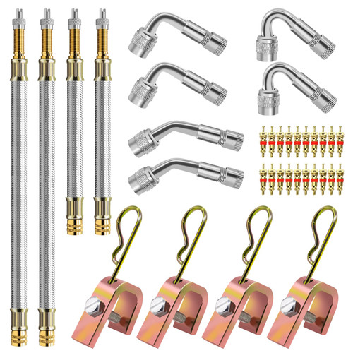 Yauhar 15pcs Valve Stem Extension with Tire Valve Stem Cores Kit, 45 90 135 Degree Brass Valve Stem Extender and 7" 12" Stainless Steel Braided Stem Extension Adaptors for Most Cars Truck