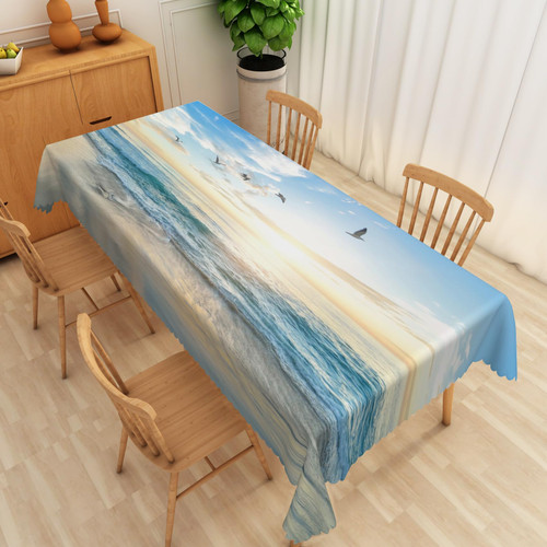 SIEDYCV Summer Ocean Beach Tablecloth, 52x70 Inch Blue Sky White Cloud Seagulls Sunrise Sea Waves Nature Scenic Waterproof Fabric Table Cover for Dining Kitchen Picnic Beach Themed Party Decoration
