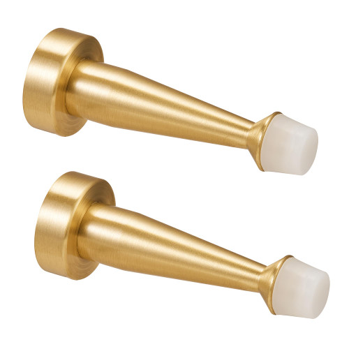 Brass Door Stop, Decorative Door Stopper Wall Protector, 3.2 inch Heavy Duty Door Stop for Wall Door Protection Sound Dampening, Solid Brass Brushed Gold with White Rubber Bumper Tip, 2 Pack