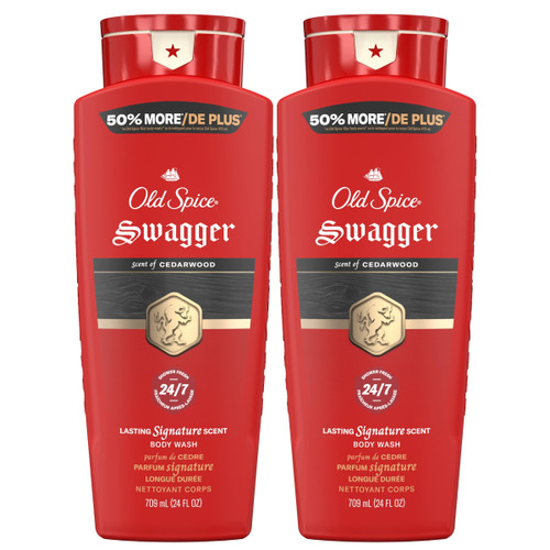 Old Spice Refreshing Body Wash for Men, 3X Defense, 24/7 Shower Fresh with Long Lasting Scent, Red Collection, Swagger with Cedarwood Scent, 24 oz (Pack of 2)
