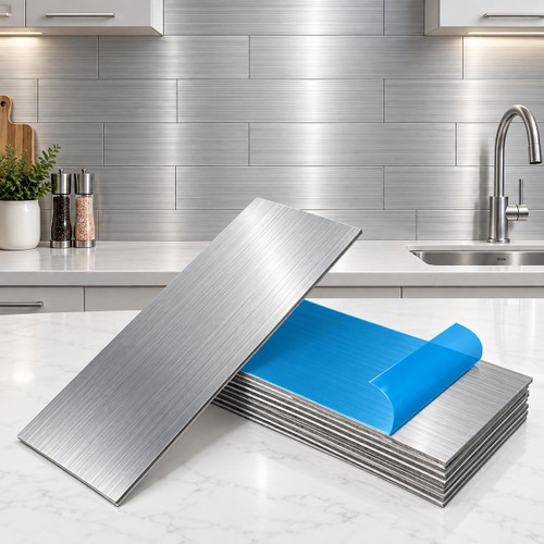 15 Pcs 4" x 12" Peel and Stick Metal Backsplash Tile for Kitchen, Aluminum