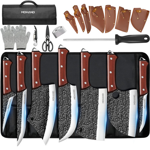 MDHAND Butcher Knife Set, Hand Forged Kitchen Chef Knife Set with Roll Bag