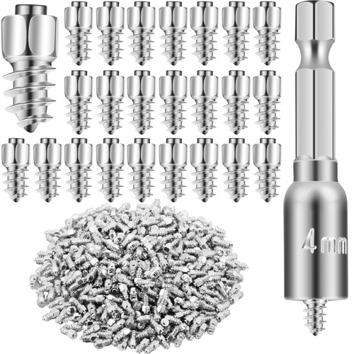 Leriton Carbide Tire Studs with Tool, 9mm, Silver, 500pcs