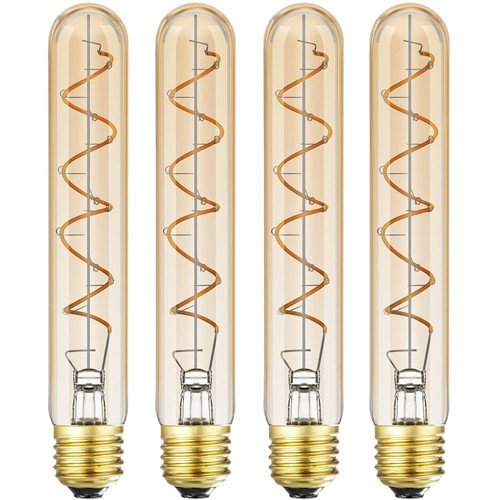 Leools Dimmable T10 LED Bulbs, Warm White 2200K Amber, 7.3inch Long Tubular Light Bulb, 40 Watt Vintage Edison LED Filament Bulb,400lm,E26 Base Led Tube Bulb,Amber Glass,Pack of 4