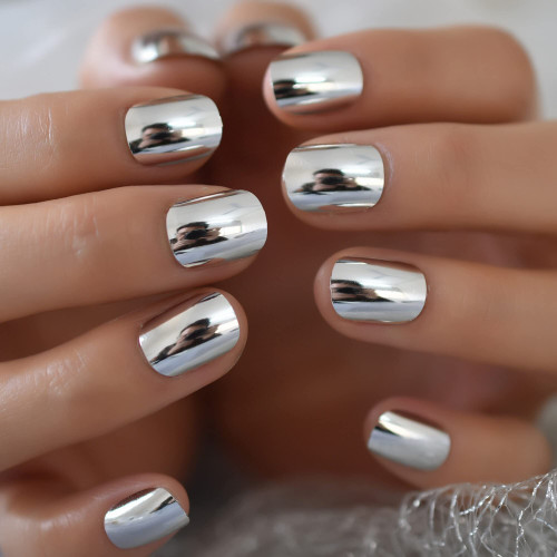 Coolnail 24pcs Short Round Mirror Fake Nails Metallic Silver Full Cover Professional Fingernail Round Adult False Nails