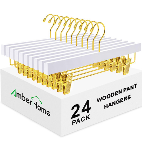 Amber Home 24 Pack White Wooden Pants Hangers with Gold Clips