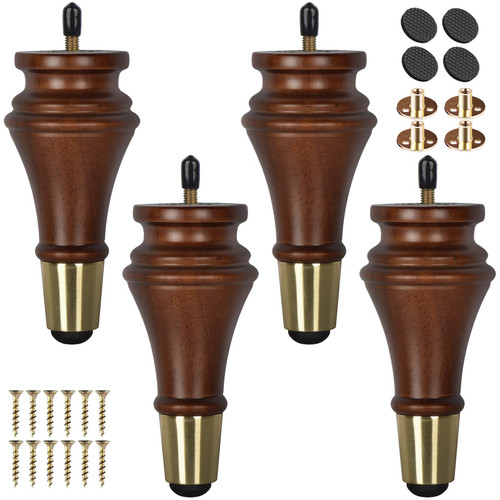 TCHOSUZ 7 inch Solid Wood Furniture Spool Legs with Gold Caps, 4PCS Walnut