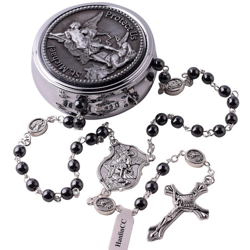 HanlinCC Catholic Rosary Saint Michael Hematite Bead Necklace with Gift Box