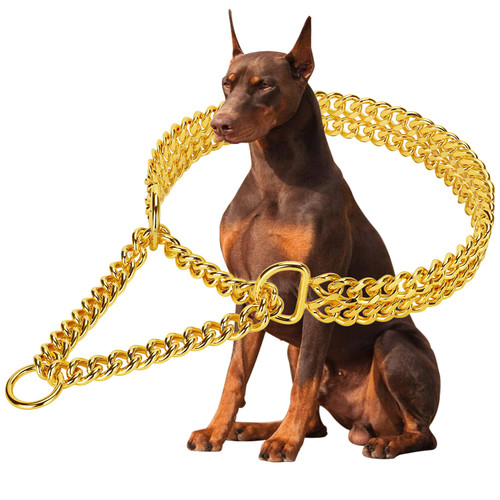 Gold Dog Chain Collar Stainless Steel 18K Gold Collar Adjustable Walking, Metal Cuban Link Chew Proof Double Row Chain for Large Small Medium Dogs