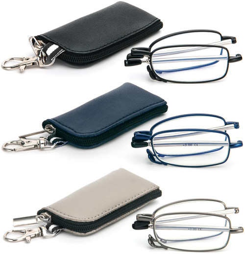 3 Pack Folding Reading Glasses with Keychain Compact Bags Women Men Blue Light Blocking Spring Hinge Portable Pocket Readers,Black Grey and Blue 3.0