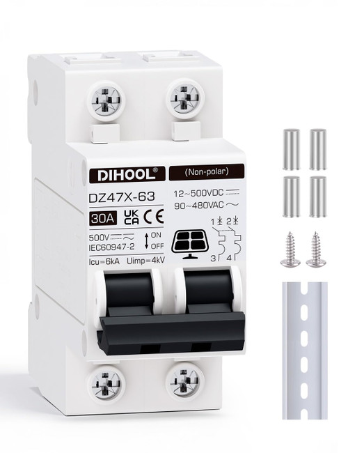 DIHOOL Solar Disconnect Switch, 30 Amp 2 Pole, DIN Rail Mount, Non Polarized, 12V 24V 48V 400V, AC/DC Circuit Breaker, RV Battery Isolator, PV Array MCB, Thermal Magnetic Trip