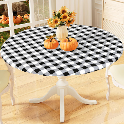 misaya Round Fitted Tablecloth with Elastic Edge, Buffalo Plaid Waterproof Vinyl Flannel Backed Table Cloth Cover Fits 45"-56" Round Tables for Dinner, Outdoor, Picnic, Black White Check