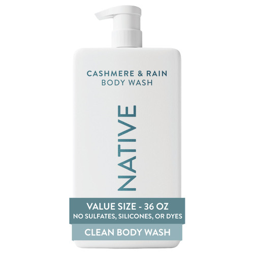 Native Clean Body Wash, Gentle & pH-balanced for Sensitive Skin, 24-Hr Freshness for Women & Men, Vegan & Cruelty-Free, Free of Sulfates, Parabens & Phthalates, Cashmere & Rain, 36 oz